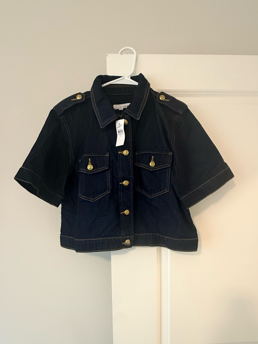 LOFT Black Short-Sleeve Jean Jacket with Gold Buttons - Picture 4 of 14
